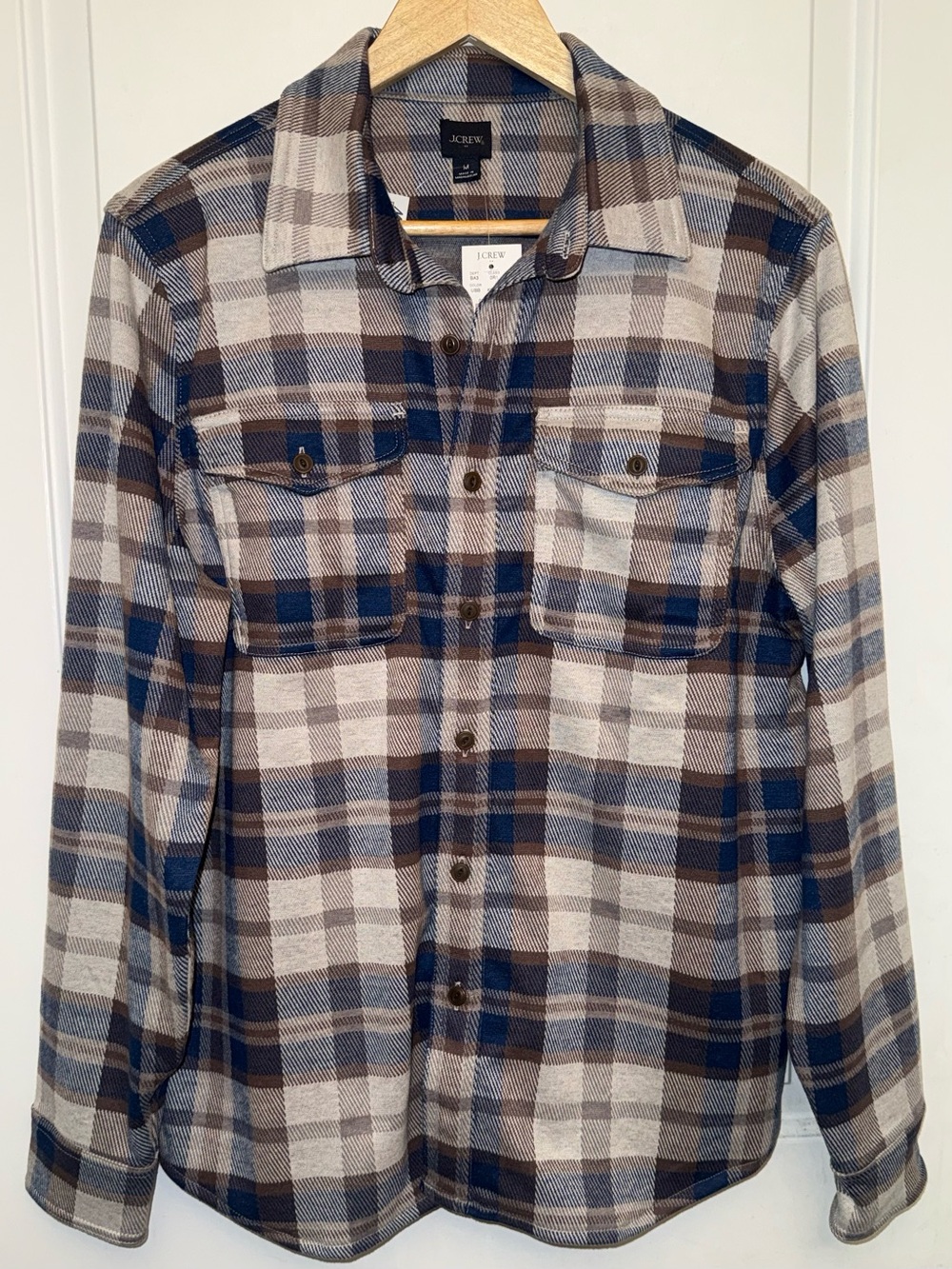 J. Crew NWT Double-Knit Plaid Work Shirt in Cream/Navy/Brown